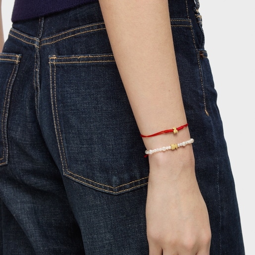 Elastic cultured pearl Bracelet with gold bear motif Sweet Dolls