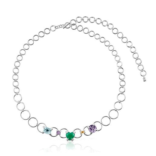 Ring-Halskette Color Pills aus Silber mit Edelsteinen