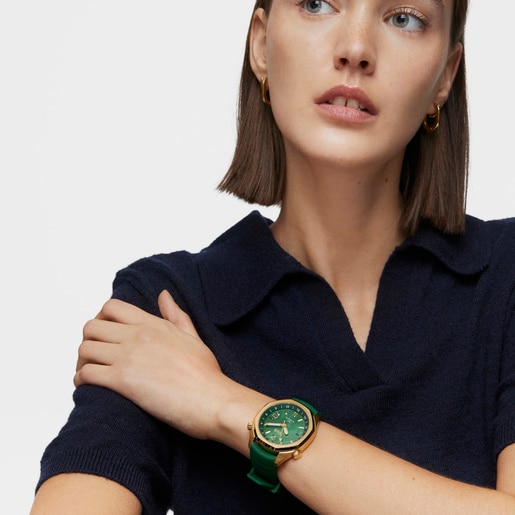gmt automaticky hodinky se zeleným silikonovým řemínkem, pouzdrem z oceli IPG ve zlaté barvě a perleťovým ciferníkem TOUS Now