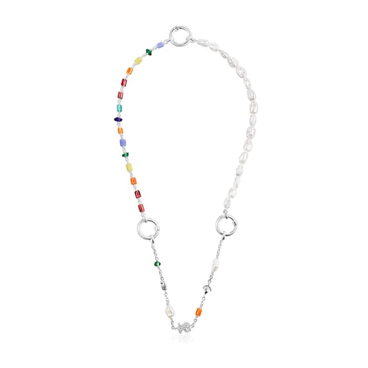 Long silver Oceaan Hold Necklace with pearls and multicolored glass