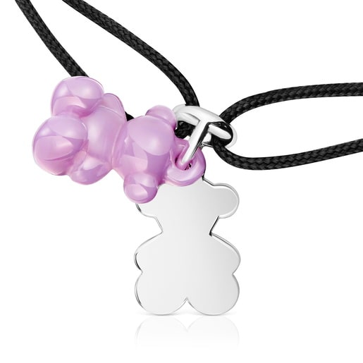 Pulsera doble oso de plata con cerámica lila y nylon negro Bold Bear