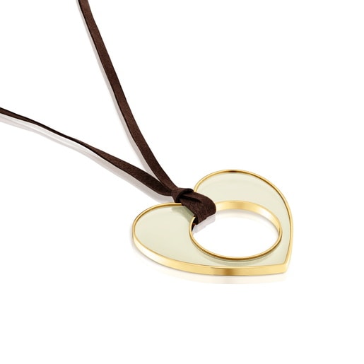 Gold-colored steel, white resin and black cord heart Necklace TOUS Galaxy