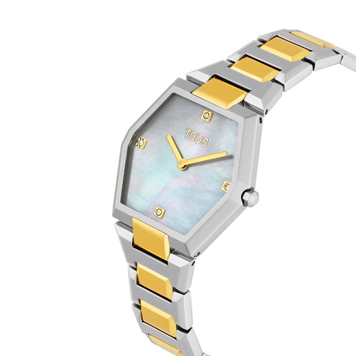 ساعة تناظرية ذات سوار من الصُلب باللون الذهبي ووجه من عرق اللؤلؤ باللون الوردي من تشكيلة Karat