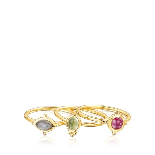 Pack of silver vermeil Magic Nature Rings with gemstones | TOUS