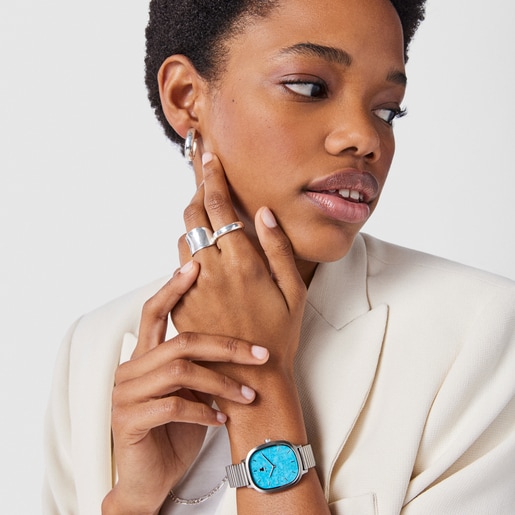 ターコイズ・ スフィアがついたスティール製腕時計 Heritage Gems