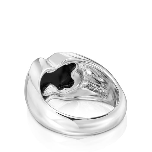 Medium silver Ring with bear motif in onyx TOUS Icon Color