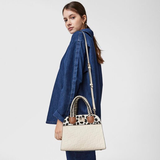 Bolso city pequeño de piel beige TOUS Script Premium