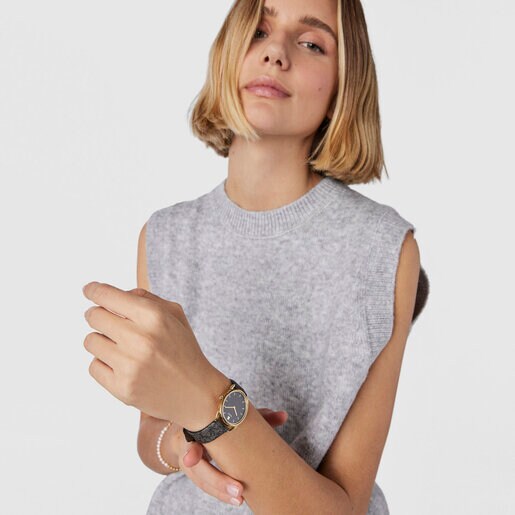 Стальные часы Dai c ионным напылением золотистого цвета с черным кожаным ремешком Kaos