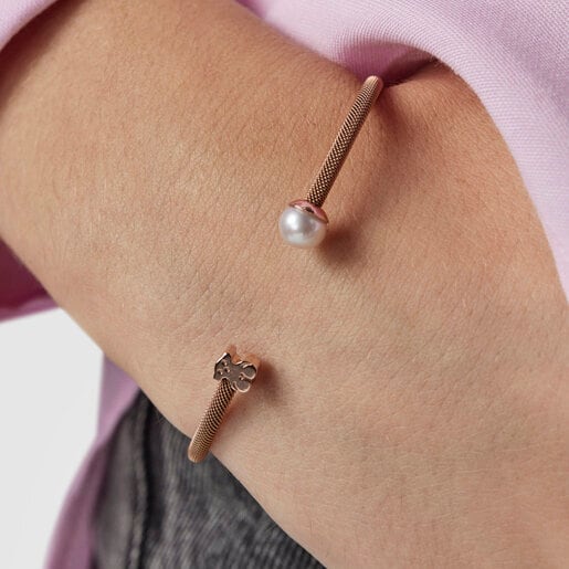 Bracelet Icon Mesh en acier et argent vermeil rose avec perle