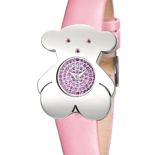 Reloj Tousy de acero con zafiros rosa y correa de raso rosa