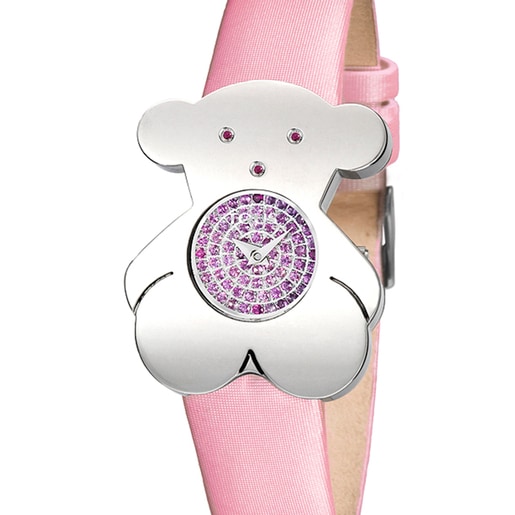 Steel Tousy Watch with pink sapphires and pink Satin strap