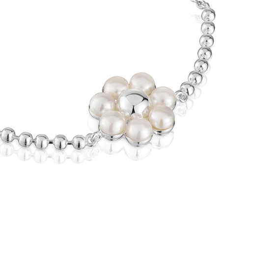 Silver flower and cultured pearls chain Bracelet Sugar Party