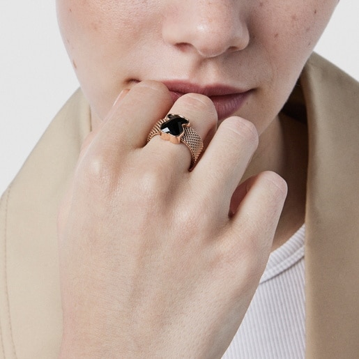 Rose IP Steel TOUS Mesh Color Ring with faceted Onyx Bear motif