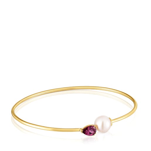 Gold Bangle with rhodolite and cultured pearl Ivette