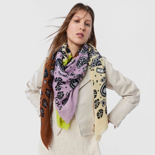 צעיף בנדנה TOUS Gems גדול בצבעי חום וירוק ליים