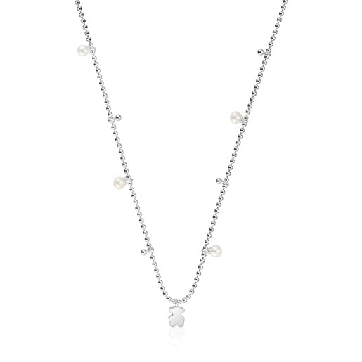 Collier argent, perles de culture et pendentif ourson court Sweet Dolls