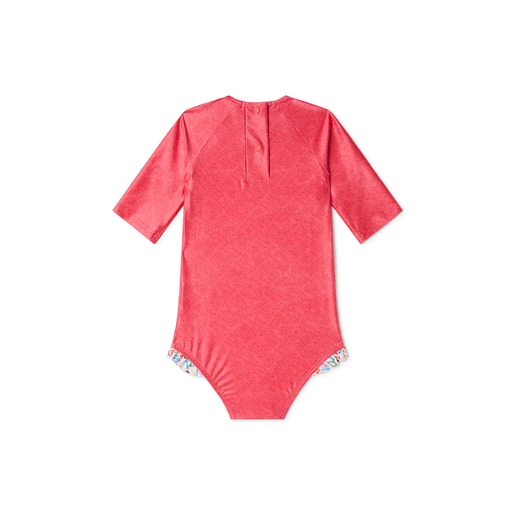 Girls one-piece swimsuit with long sleeves in Logo pink