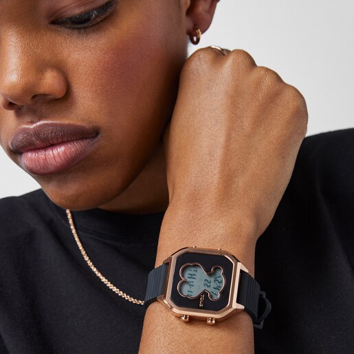 Reloj digital D-Bear Teen de acero IP rosado con correa de silicona negra