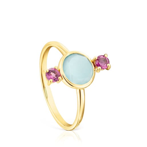 Gold Virtual Garden Ring with chalcedony and rhodolite