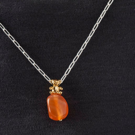 Silver Teddy Bear Gems Necklace with carnelian