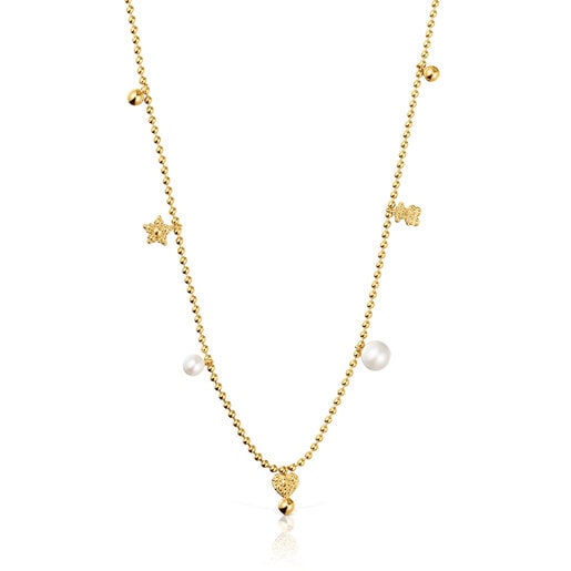 Short Necklace with 18kt gold plating over silver, cultured pearls and motifs TOUS Grain