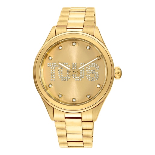 Analogue watch with gold-colored IPG steel wristband and crystals T-Logo