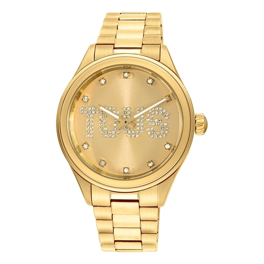 Analogue watch with gold-colored IPG steel wristband and crystals T-Logo |  TOUS