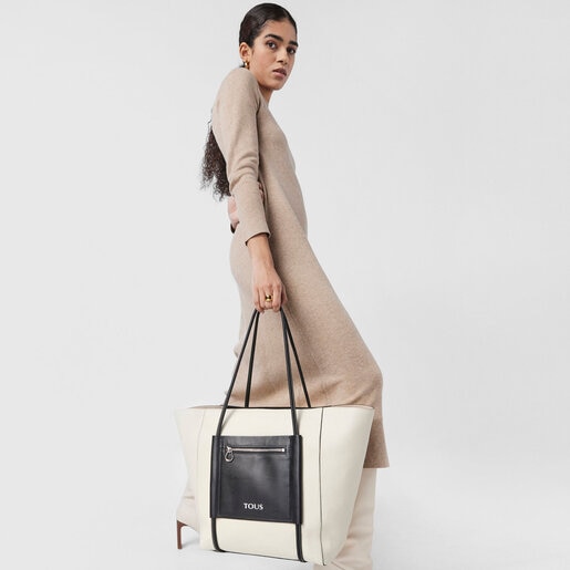תיק קניות TOUS Empire גדול מעור בצבעי בז' ושחור