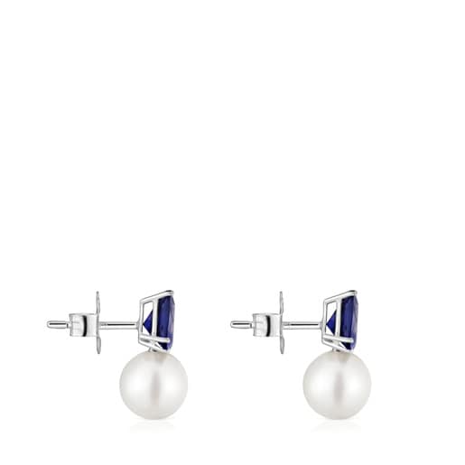 Boucles d’oreilles or blanc, iolite et perle de culture Ivette