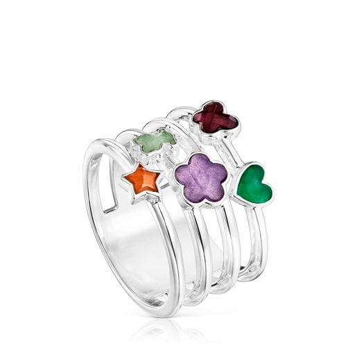 Anillo ancho de plata y gemas motivos Bold Motif