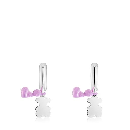 Aretes aro de plata con cerámica lila y doble oso Bold Bear
