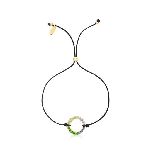 Pulsera con baño de oro 18 kt sobre plata, gemas y nylon negro Straight