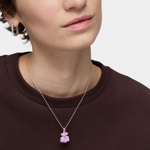 Dije doble oso de plata y cerámica lila Bold Bear