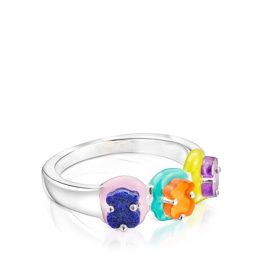 Stříbrný prsten TOUS Vibrant Colors s přívěskem ve tvaru medvídka z drahých kamenů a smaltu
