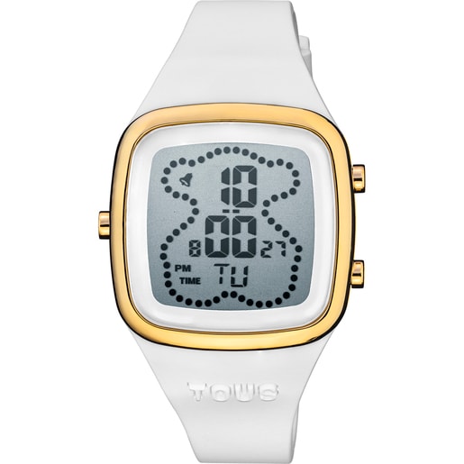 Digitaluhr TOUS B-Time mit Armband aus weißem Silikon und goldfarbenem IPG-Stahlgehäuse