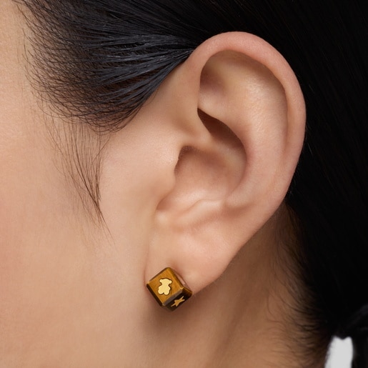 14kt gold Earrings with tiger’s eye Cube