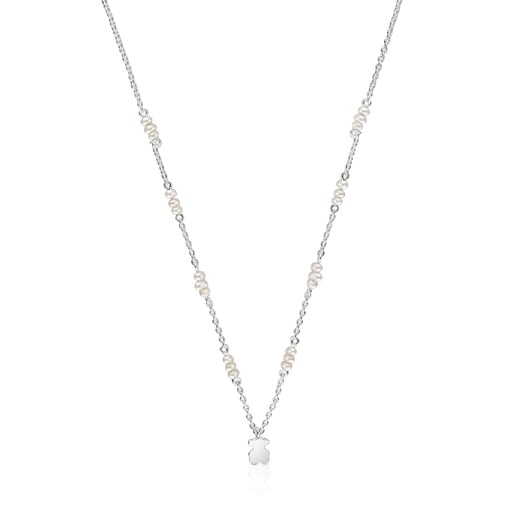 Collier argent, perles de culture et ourson court Sweet Dolls