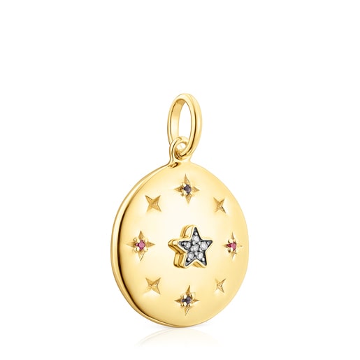 Large silver vermeil Magic Nature disc Pendant with gemstones and diamonds