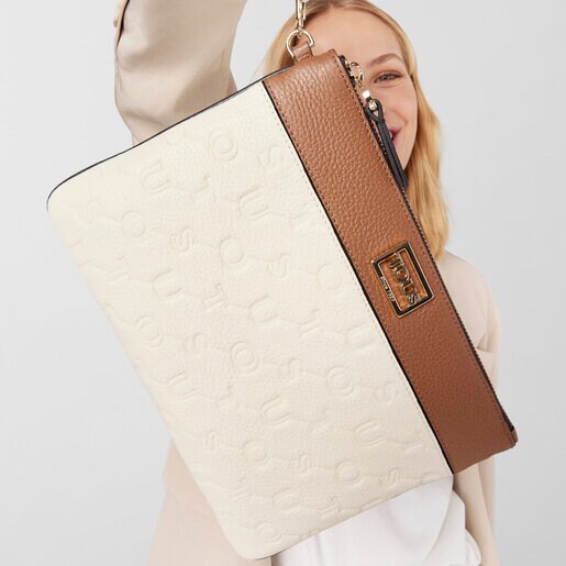 Beige and brown Leather T Script Clutch bag