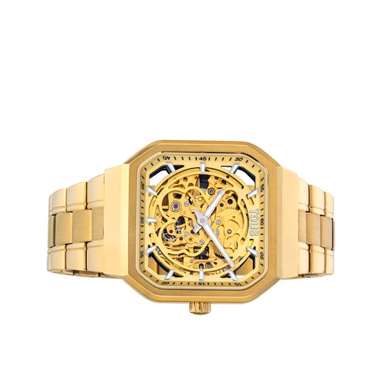 Analógové hodinky s oceľovým remienkom zlatej farby D-Bear