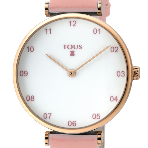 Reloj Camille de acero IP rosado con correa de piel rosa