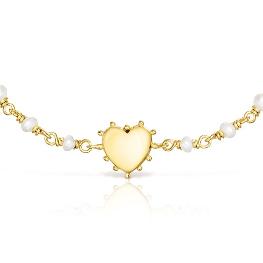 Pulsera con baño de oro 18 kt sobre plata y perlas cultivadas corazón San Valentín