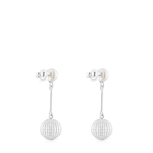 Silver St. Tropez Disco bear ball Earrings with cultured pearl 12 mm