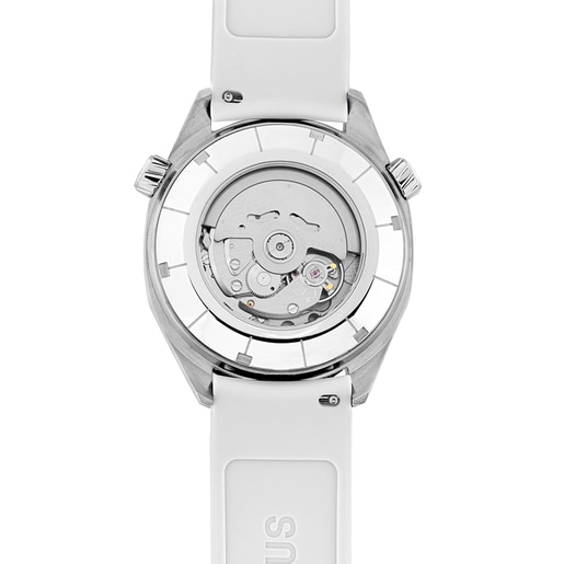 gmt automaticky hodinky s bílým silikonovým řemínkem, ocelovým pouzdrem a perleťovým ciferníkem TOUS Now