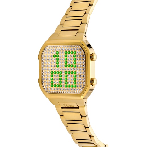 שעון דיגיטלי D-BEAR עם צמיד מפלדת IPG מוזהבת ומארז עם נוריות LED