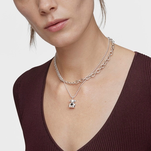 Colgante oso mediano de plata y ónix Bold Bear