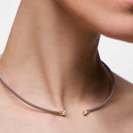 عقد مفتوح من الصُلب والذهب عيار 14 قيراطًا والماس المُصنع في المختبر من تشكيلة TOUS Mesh LGD