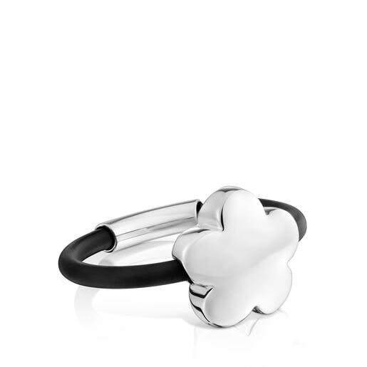 Anillo flor de plata y caucho Bold Motif
