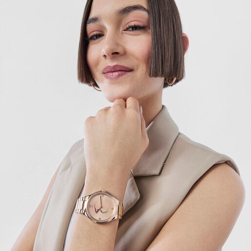 שעון מפלדת IP בציפוי רוז עם אבנים צבעוניות