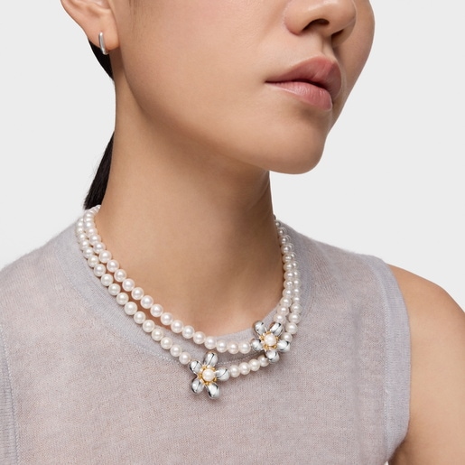 Short two-tone Necklace with cultured pearls Daisy
